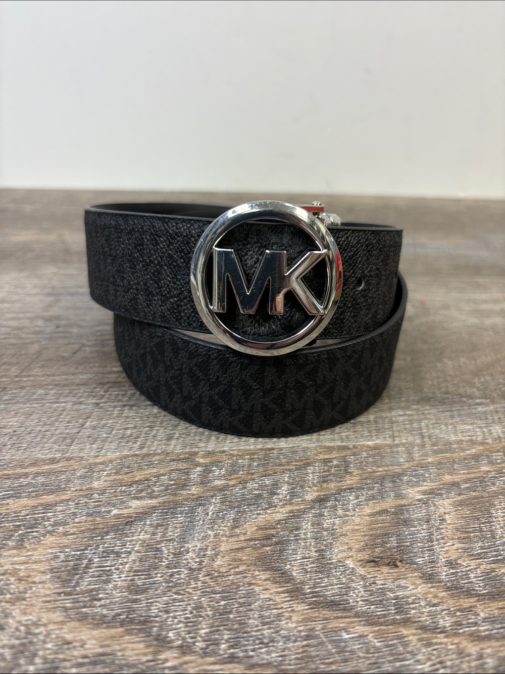 Michael Kors Reversible Logo Belt Black Signature Leather Silver Buckle Small